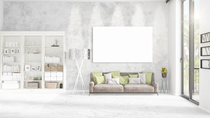 Fashionable modern loft interior with empty frame and copyspace in horizontal arrangement. 3D rendering.