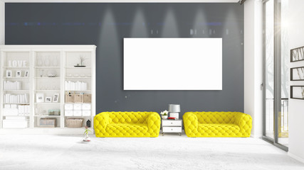 Modern interior in vogue with yellow couch, vertical empty frame and copyspace in horizontal arrangement. 3D rendering.