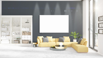 Interior with view, luxury yellow home furnishings, empty frame and copyspace in horizontal arrangement. 3D rendering.