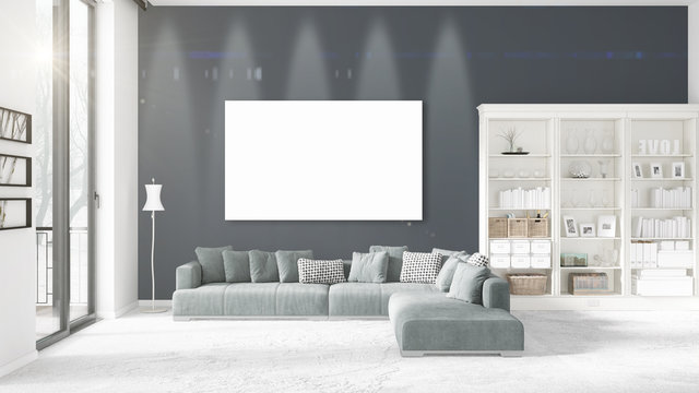 Panoramic view in loft interior with plush divan, empty frame and copyspace in horizontal arrangement. 3D rendering.