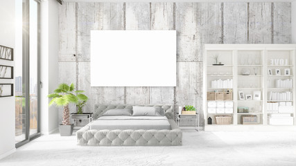 Fashionable modern loft interior with empty frame and copyspace in horizontal arrangement. 3D rendering.