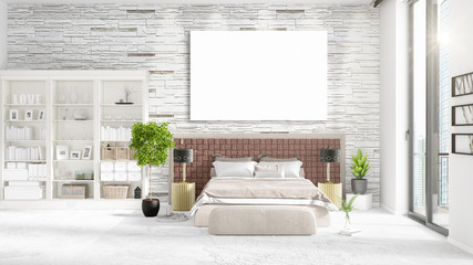 Fashionable modern loft interior with empty frame and copyspace in horizontal arrangement. 3D rendering.