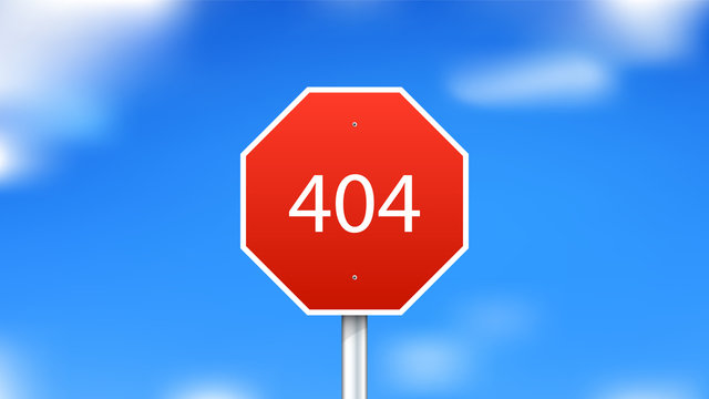 404 error page. Red stop sign on sky background