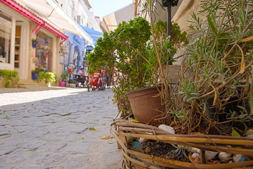 HDR Image-Street view of Alacati district of Cesme.Alacati  is a popular destination for traveling and vacation in Izmir,Turkey.26 August 2017..