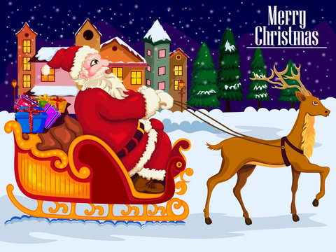 Santa Claus riding sleigh with gift for Merry Christmas and Happy New Year
