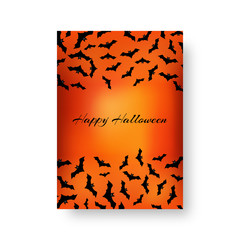 Scary invitation template for a party with bats for festive decoration for Halloween on the orange backdrop. Vector illustration.