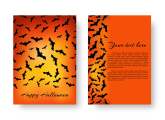 Scary cover of brochure with bats for festive decoration for Halloween on the orange backdrop. Vector illustration.