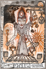 Collage et dessins avec symboles et éléments ethniques, ésotériques et astrologiques