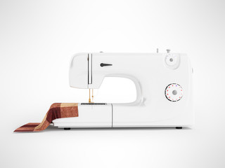 Modern home sewing machine with workpiece for sewing white side view 3d render on gray background