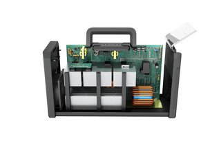 Modern inverter welding machine on microcircuits is dismantled from the side 3d rendering on a white background no shadow - obrazy, fototapety, plakaty