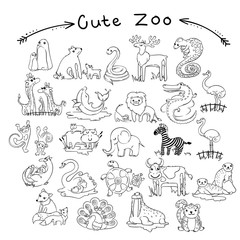 Collection of cute cartoon doodle animals and birds of the world. Lined for coloring pages