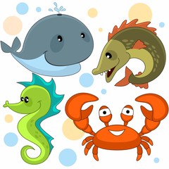 Набор морских животных для детей с картинками кит, щука, морской конек и краб.