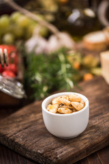 Spicy garlic cloves in bowl,spanish tapa bar food