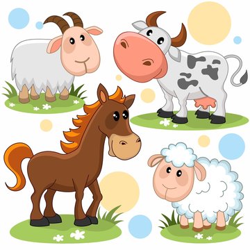 Набор картинок с животными для детей с изображением козы, овцы, лошади и коровы.