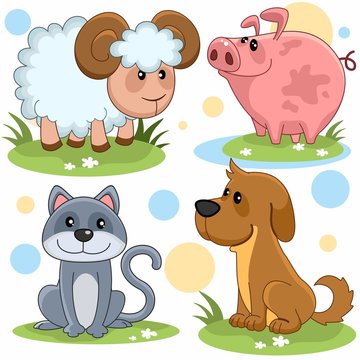 Набор картинок с животными для детей с изображением барана, свиньи, кота и собаки.