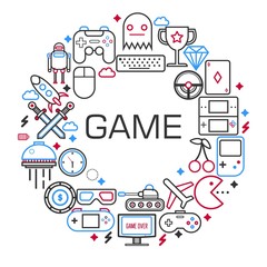 Internet games poster of electronic game and gaming devices vector outline icons