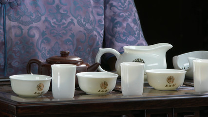 Close-up table for the tea ceremony utensils and bamboo. Chinese tea ceremony. Japanese tea ceremony