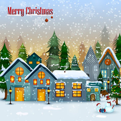 Decorated house on Happy Winter celebration greeting background for Merry Christmas