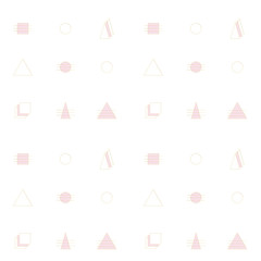Geometric vector seamless pattern in retro style in pink, gold and white colors. Modern  background with triangles, squares , circles and lines.