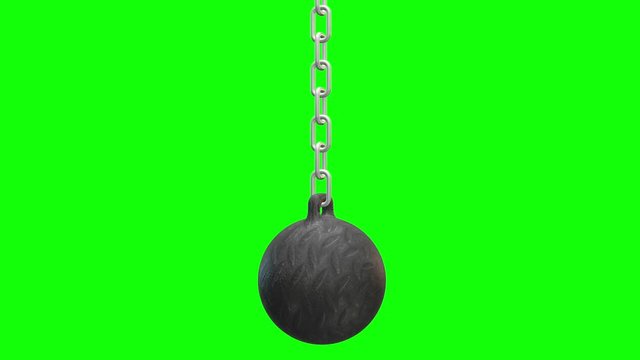 Wrecking ball. Demolition sphere hanging on chains. 3d render video available in 4K FullHD and HD render footage on green screen chroma key