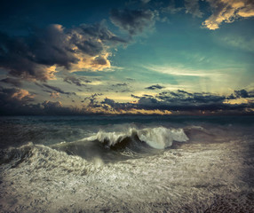 View of great storm on the sea. Strong wind and big waves with s