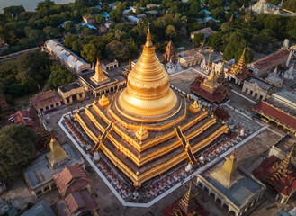 Aerial view at the ancient Shwezigon Pagoda,the main tourist destination of Bagan, Myanmar (Burma)