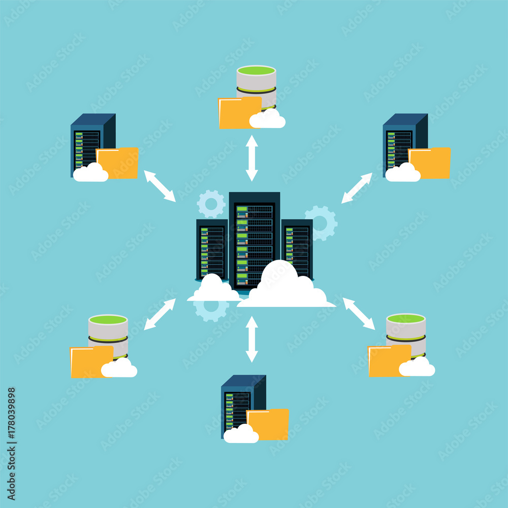 Poster file sharing. data center. file management. client server communication. networking.