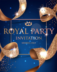 Elegant blue vip invitation card with gold textured curled gold ribbons. Vector illustration