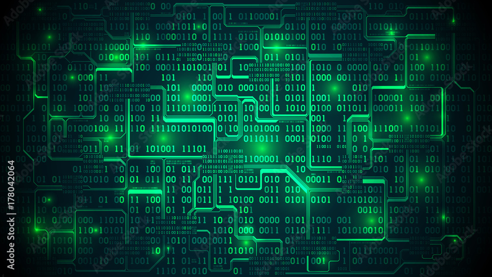Poster abstract futuristic electronic circuit board with binary code, matrix background with digits, well o