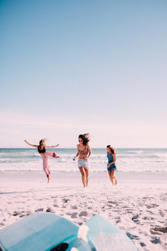 Group of young adult women cheering at the beach on summer vacation