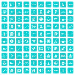 100 family camping icons set grunge blue