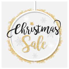 Elegant Christmas Sale background with shining gold glittering snowflakes background