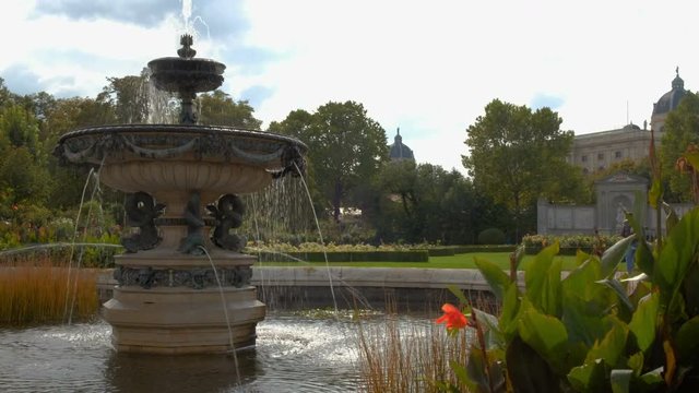 Camera slides past plants to reveal beautiful fountain in Volksgarten Vienna. Taken on a sunny September morning