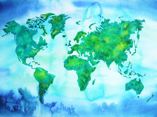 world map blue green tone watercolor painting on paper hand drawn