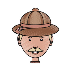 colored  man face with safari hat  doodle over white background  vector illustration