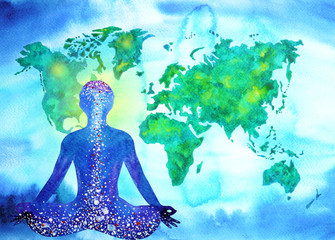 abstract human meditator chakra universe power world map background design blue green watercolor painting