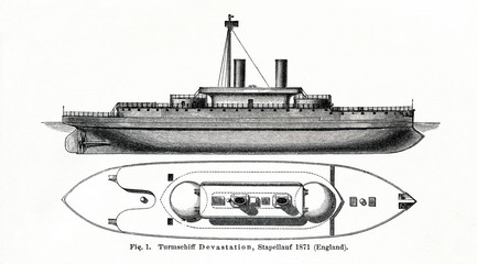 HMS Devastation - mastless turret ship of British Royal Navy (1871) (from Meyers Lexikon, 1896, 13/472/473) © Juulijs