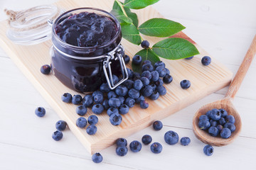 Blueberry jam and fruits on the table