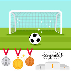 Soccer goal and ball on the green field and set of trophy award icons isolated on white background. Vector illustration