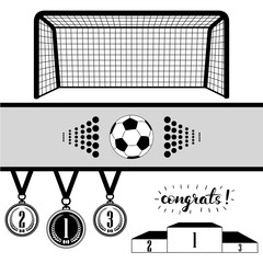 Soccer goal and ball and set of trophy award icons isolated on white background. Vector illustration