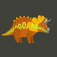 Flat cartoon vector triceratops with roar text along the body. Isolated brown dinosaur, illustration for baby or kid textile label or sticker print, app, advertisement design
