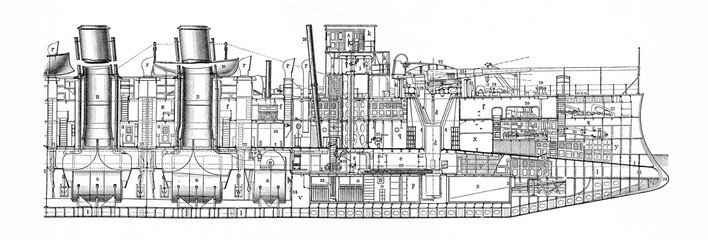 Obraz premium Aft cross section of spanish cruiser Infanta Maria Teresa (1890) (from Meyers Lexikon, 1896, 13/472/473)