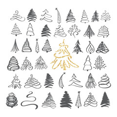 Calligraphy Hand drawn set Christmas tree icons. Doodles and sketches vector illustration