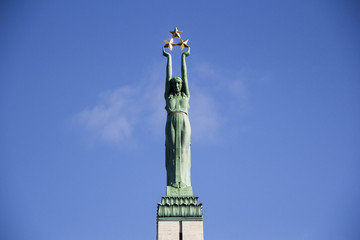 Freedom Monument in the Independence Square in Riga on Brivibas Boulevard. In honor of those who died for the independence of Latvia. Architect Ernests Stalbergs, sculptor Karlis Zale