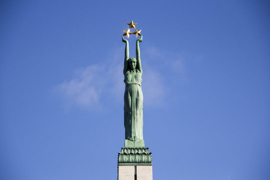 Freedom Monument in the Independence Square in Riga on Brivibas Boulevard. In honor of those who died for the independence of Latvia. Architect Ernests Stalbergs, sculptor Karlis Zale