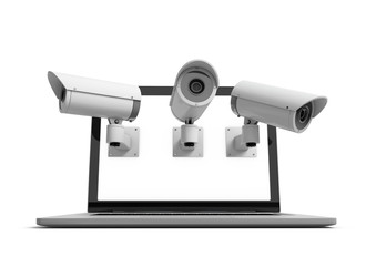 Online security. Laptop with CCTV security cameras. 3D Rendering