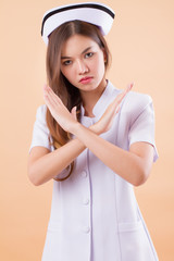 angry nurse saying no, crossing arms