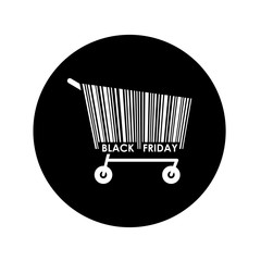 Icono plano codigo de barras carrito BLACK FRIDAY en circulo negro