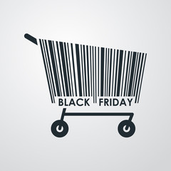 Icono plano codigo de barras carrito BLACK FRIDAY en fondo degradado