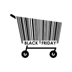 Icono plano codigo de barras carrito BLACK FRIDAY negro en fondo blanco